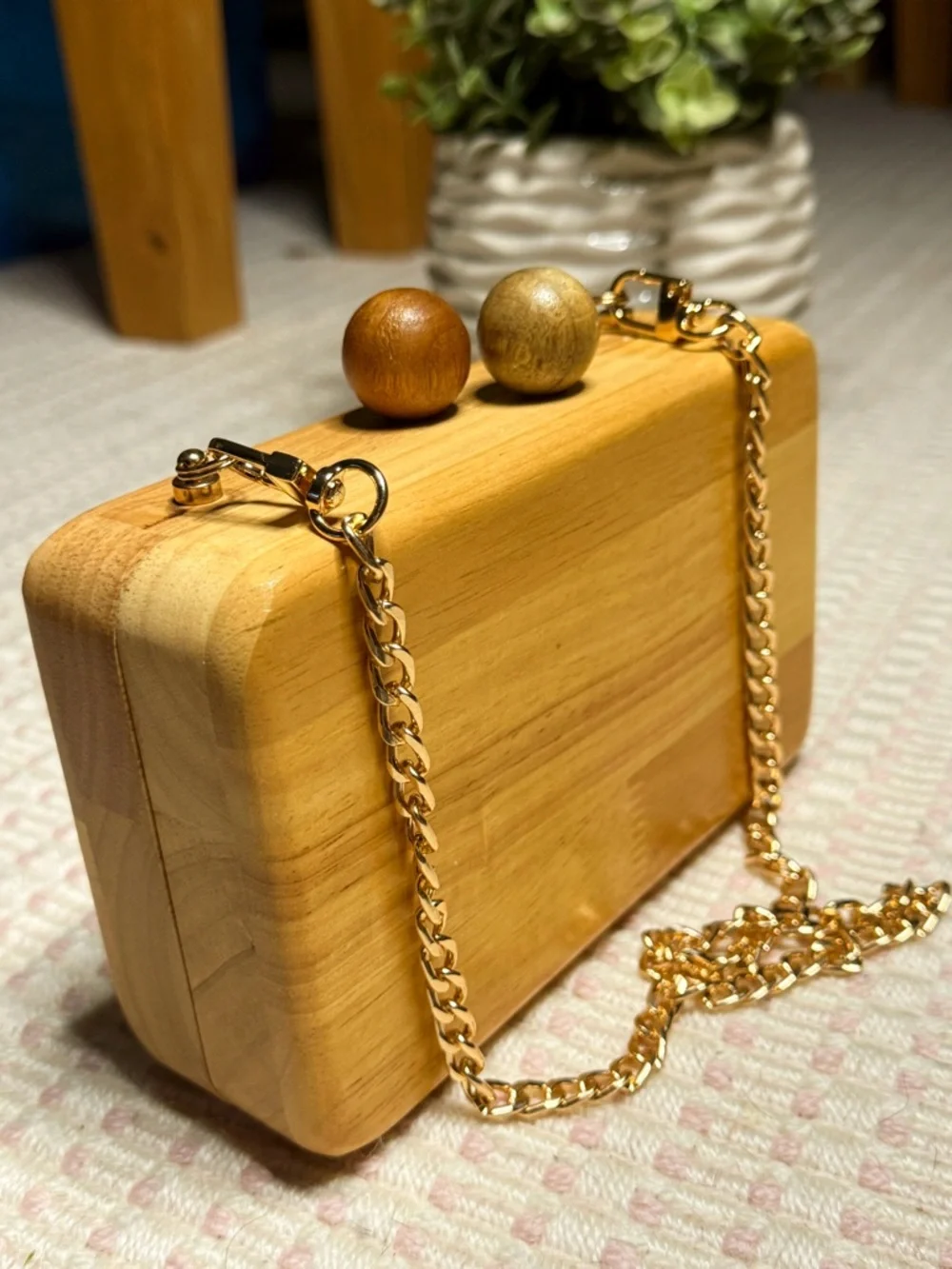 Unique Wooden Box Kisslock Clutch with Gold Chain by Inge Christopher